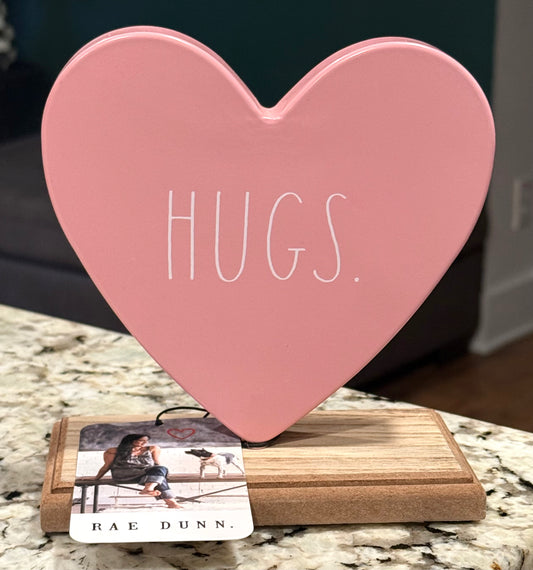 New Rae Dunn pink metal wood base Valentine’s Day sign decor HUGS.