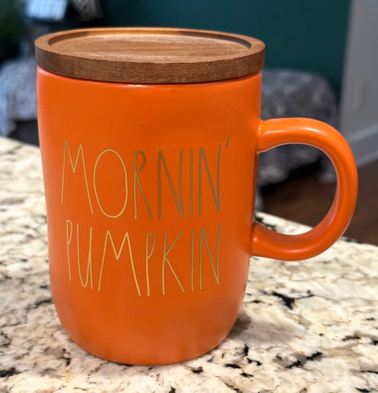 New Rae Dunn orange ceramic  coffee mug gold writing MORNING PUMPKIN coasters lid