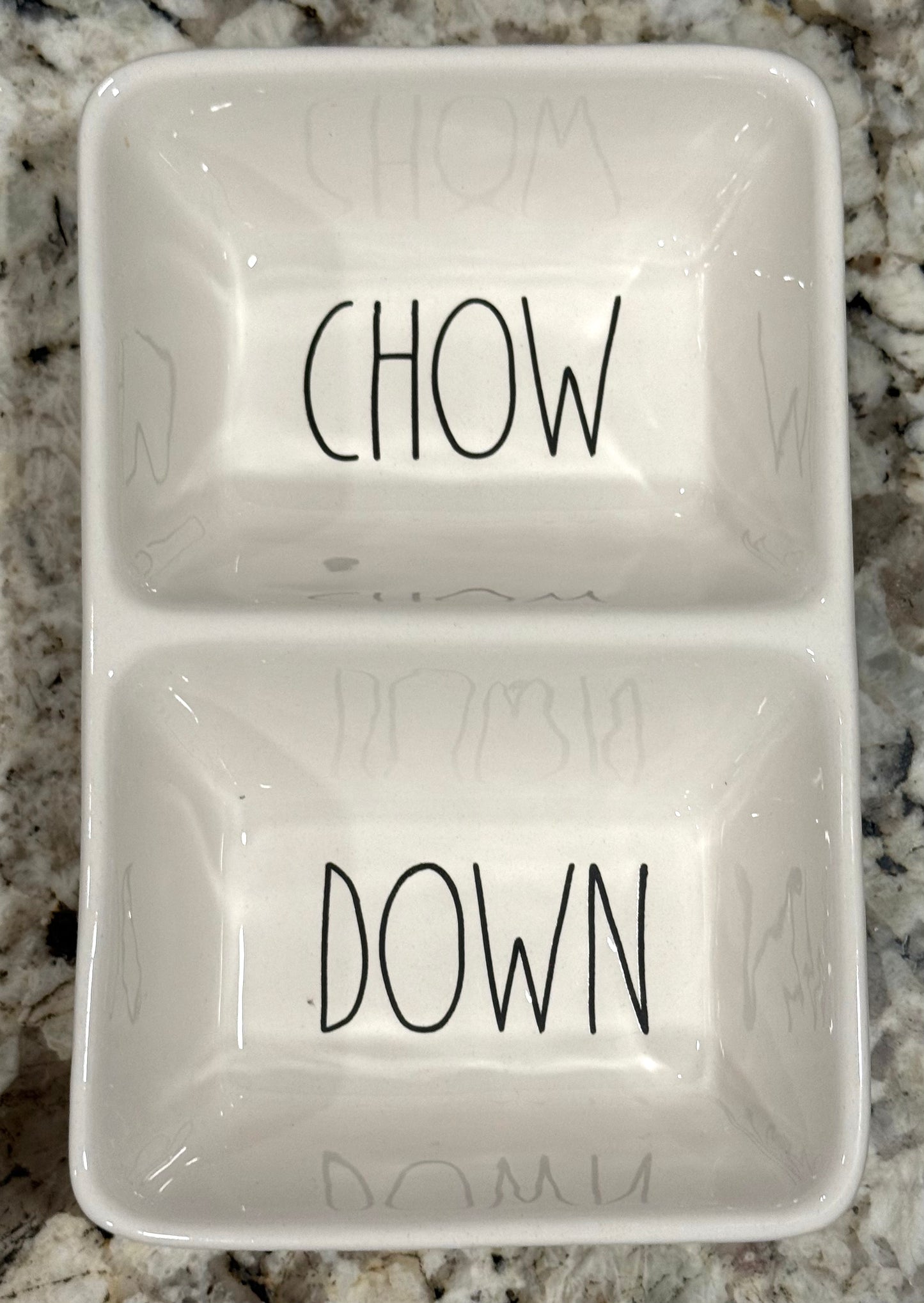 Rae Dunn white ceramic snack tray CHOW DOWN