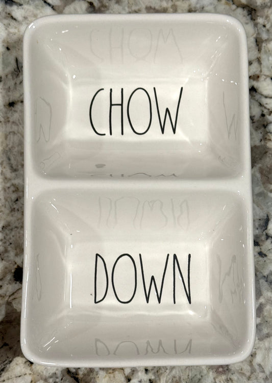 Rae Dunn white ceramic snack tray CHOW DOWN