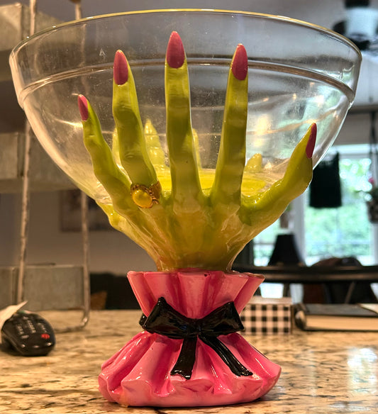 New large glass pink and green witches hands Halloween candy bowl