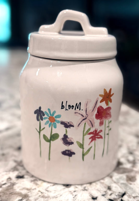Rae Dunn ceramic floral 6” canister BLOOM.