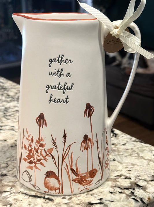 New Rae Dunn white ceramic fall floral pitcher GATHER WITH A GRATEFUL HEART