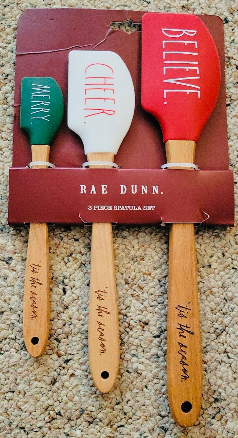 New Rae Dunn 3-piece wood handled Christmas utensil set MERRY CHEER BRIGHT