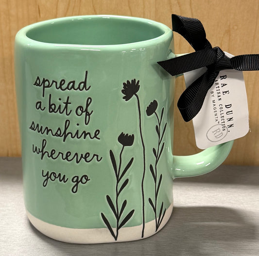 New Rae Dunn green ceramic coffee mug SPREAD A BIT OF SUNSHINE WHEREVER YOU GO