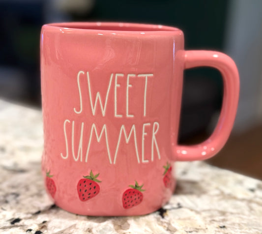 New Rae Dunn pink ceramic Strawberry 🍓 print coffee mug