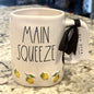 New Rae Dunn white lemon print ceramic coffee mug MAIN SQUEEZE