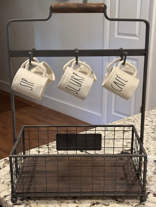 New Rae Dunn 7-piece espresso mug and metal storage caddy set COFFEE