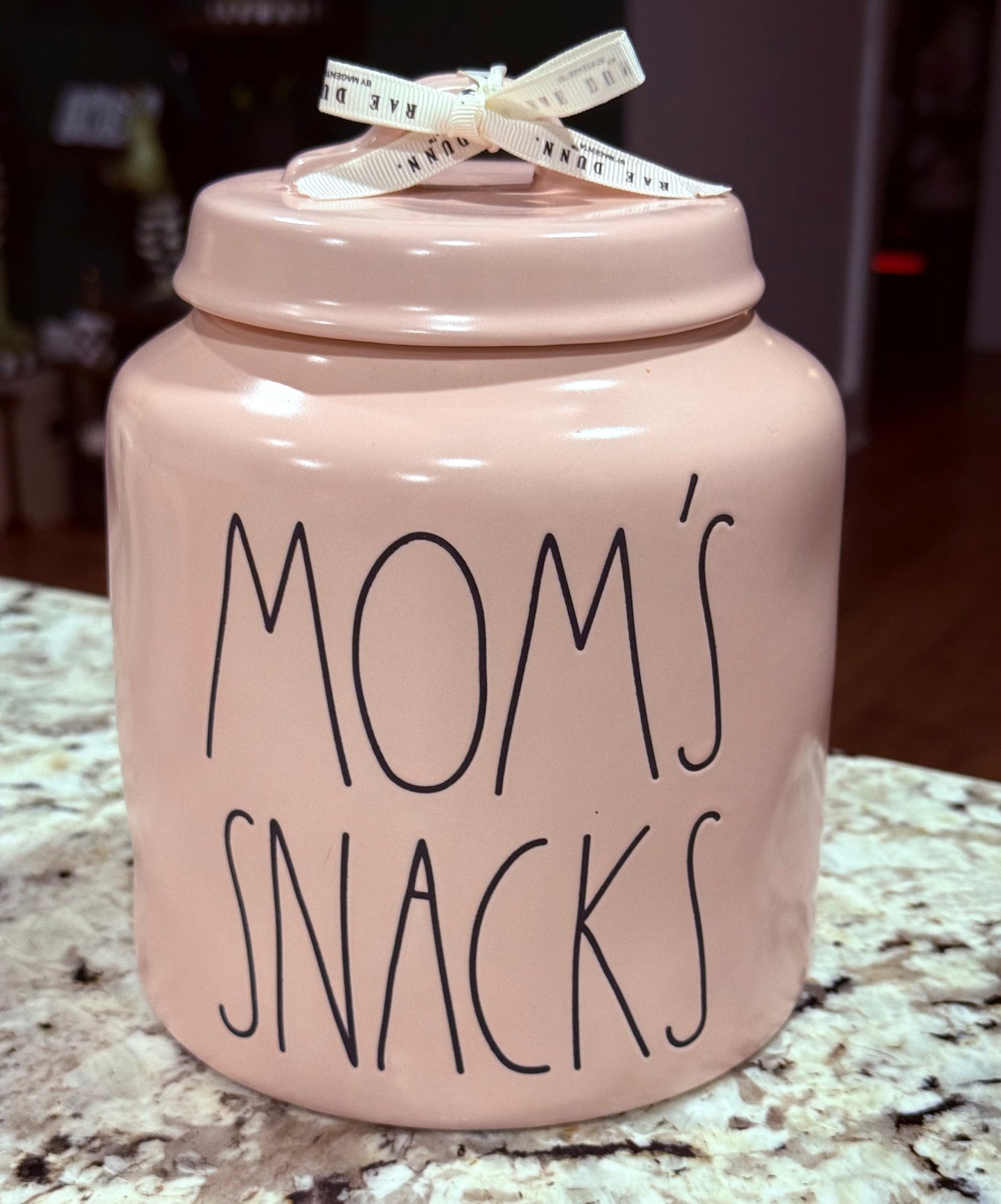New Rae Dunn pink ceramic canister cookie jar 8” MOM’S SNACKS