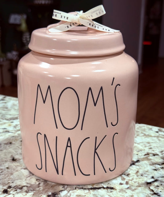 New Rae Dunn pink ceramic canister cookie jar 8” MOM’S SNACKS
