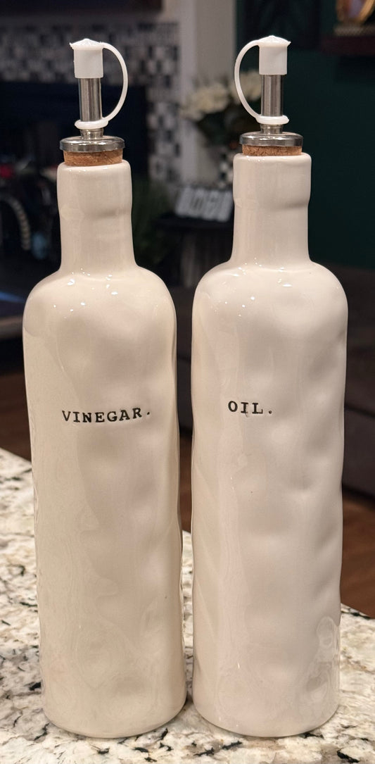 (My personal) Rae Dunn original OIL & VINEGAR cruet set- older, dimply style