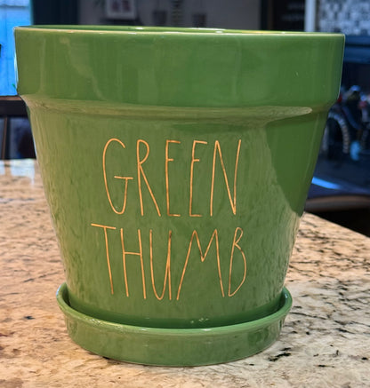 Rae Dunn large ceramic green garden planter decor GREEN THUMB 8x8