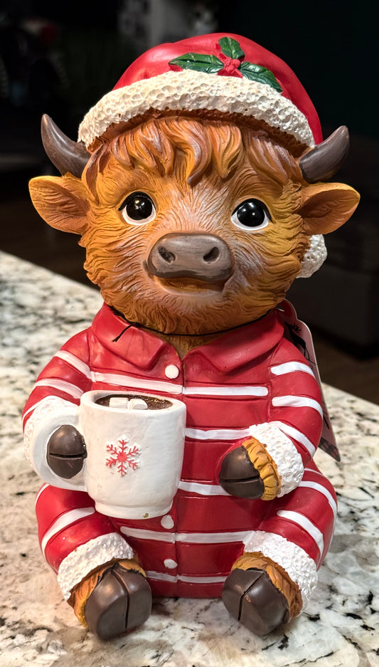 New resin Highland cow Christmas decor-striped pjs