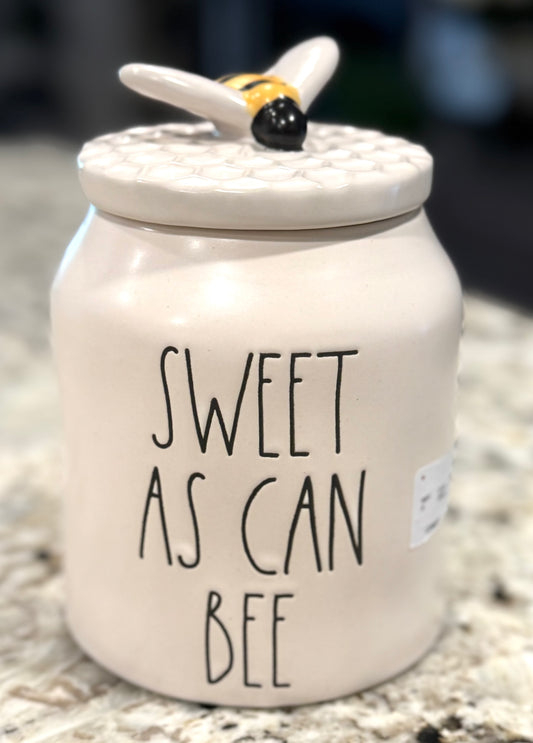 New Rae Dunn white ceramic canister honey comb topped SWEET AS CAN BEE