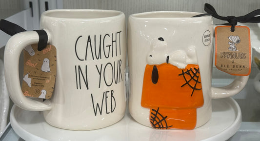 New Rae Dunn x Peanuts Snoopy ceramic coffee mug CAUGHT IN YOUR WEB