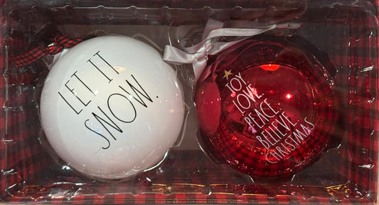 New Rae Dunn 2-piece glass Christmas ornament box set LET IT SNOW