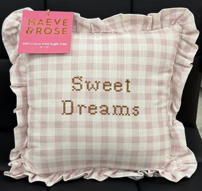 New pink gingham 12x12 ruffled edge needlepoint throw pillow SWEET DREAMS