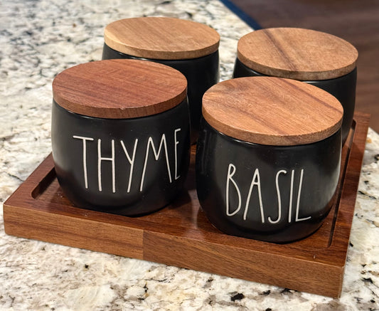 New Rae Dunn black 4-piece ceramic spice organizer set with wood base