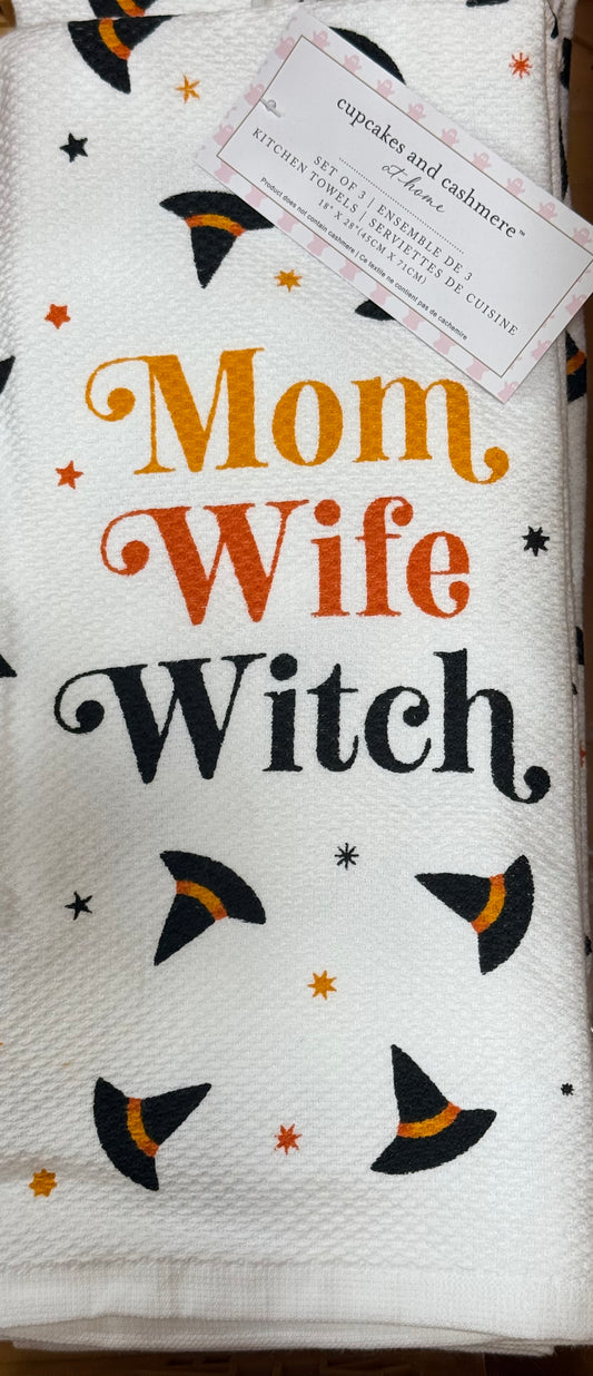 New Cupcakes and Cashmere 3-piece Halloween kitchen dish towel set MOM WIFE WITCH