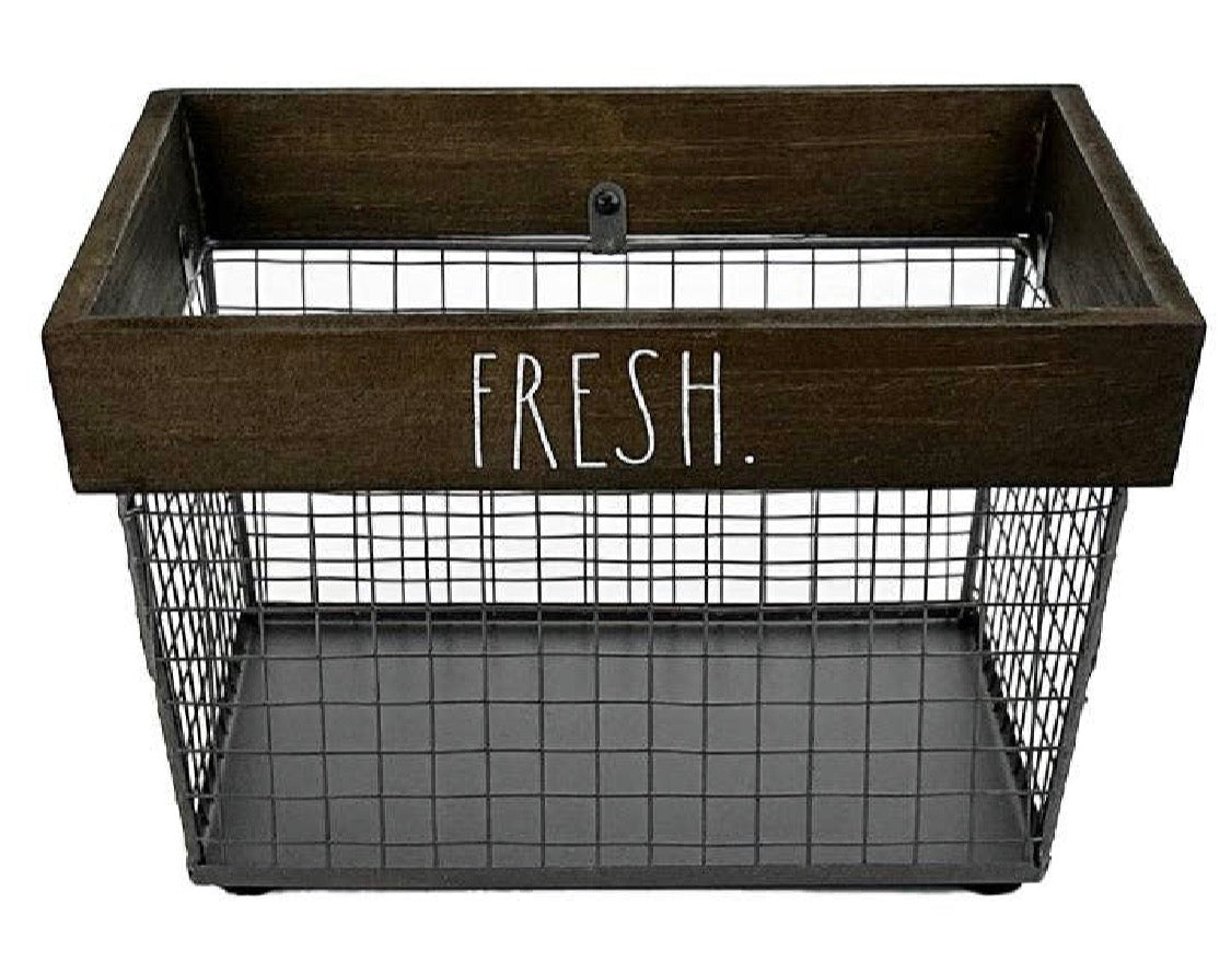 New Rae Dunn FRESH Wired Metal Basket with Wooden trim 10x8x6