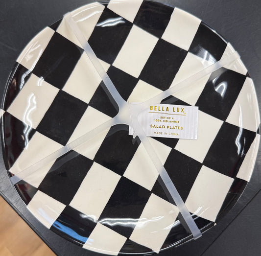 New black and white check 4-piece melamine 8” plate set