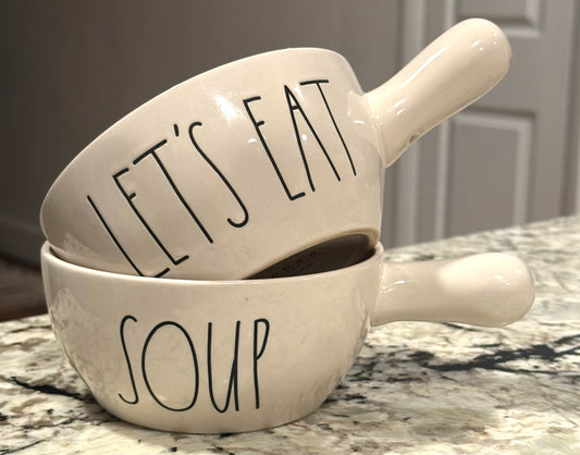 New Rae Dunn white ceramic fall handled bowl set LET’S EAT/SOUP