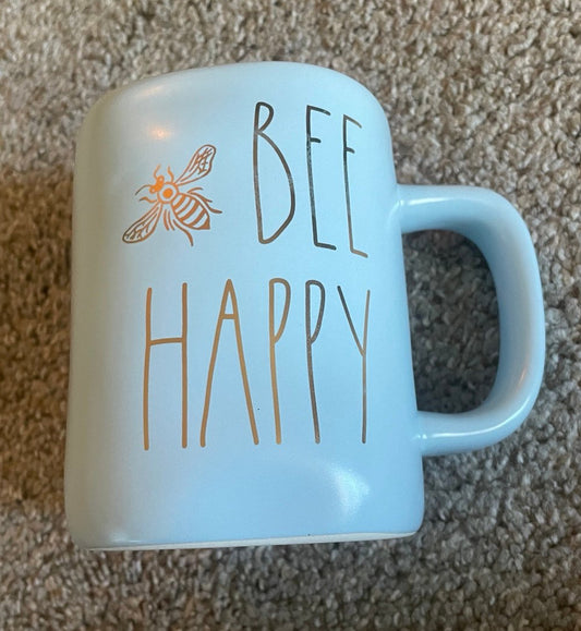 New Rae Dunn baby blue ceramic 🐝  coffee mug BEE HAPPY