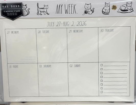 New Rae Dunn 8x10 weekly  2026-2027 cat themed MY WEEK tear off calendar
