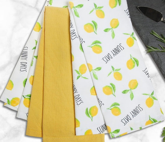 New Rae Dunn 3-piece lemon kitchen dish towel set SUNNY DAYS (2) yellow (1)