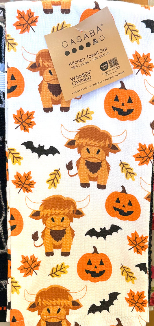 New 3-piece Halloween dish towel set pumpkin & highland cows