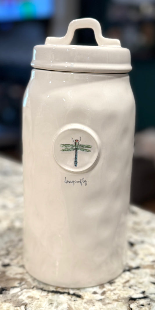Rae Dunn white ceramic hard to find canister dragonfly.