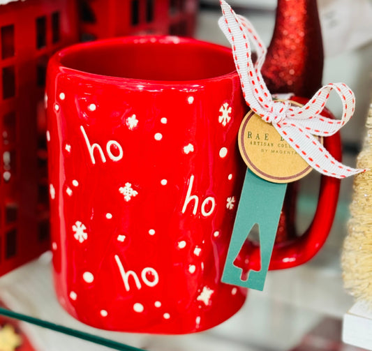 New Rae Dunn red ceramic coffee mug HO HO HO all over print