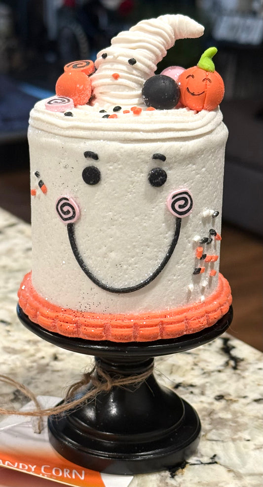 New white smiling face mini 5.5” Halloween pedestal cake decor