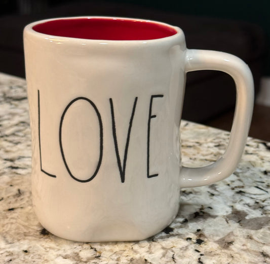 New Rae Dunn white ceramic coffee mug LOVE-red interior