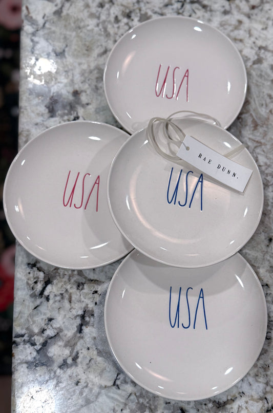 New Rae Dunn ceramic 4-piece Americana dessert plate set USA 🇺🇸