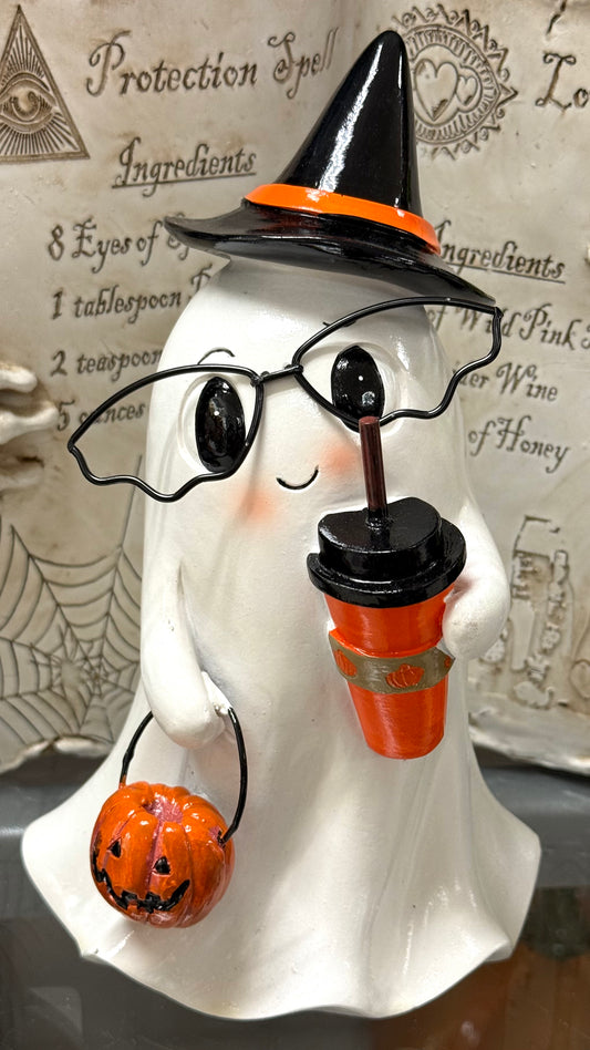 New resin Halloween ghost with oversized glasses, hat, coffee