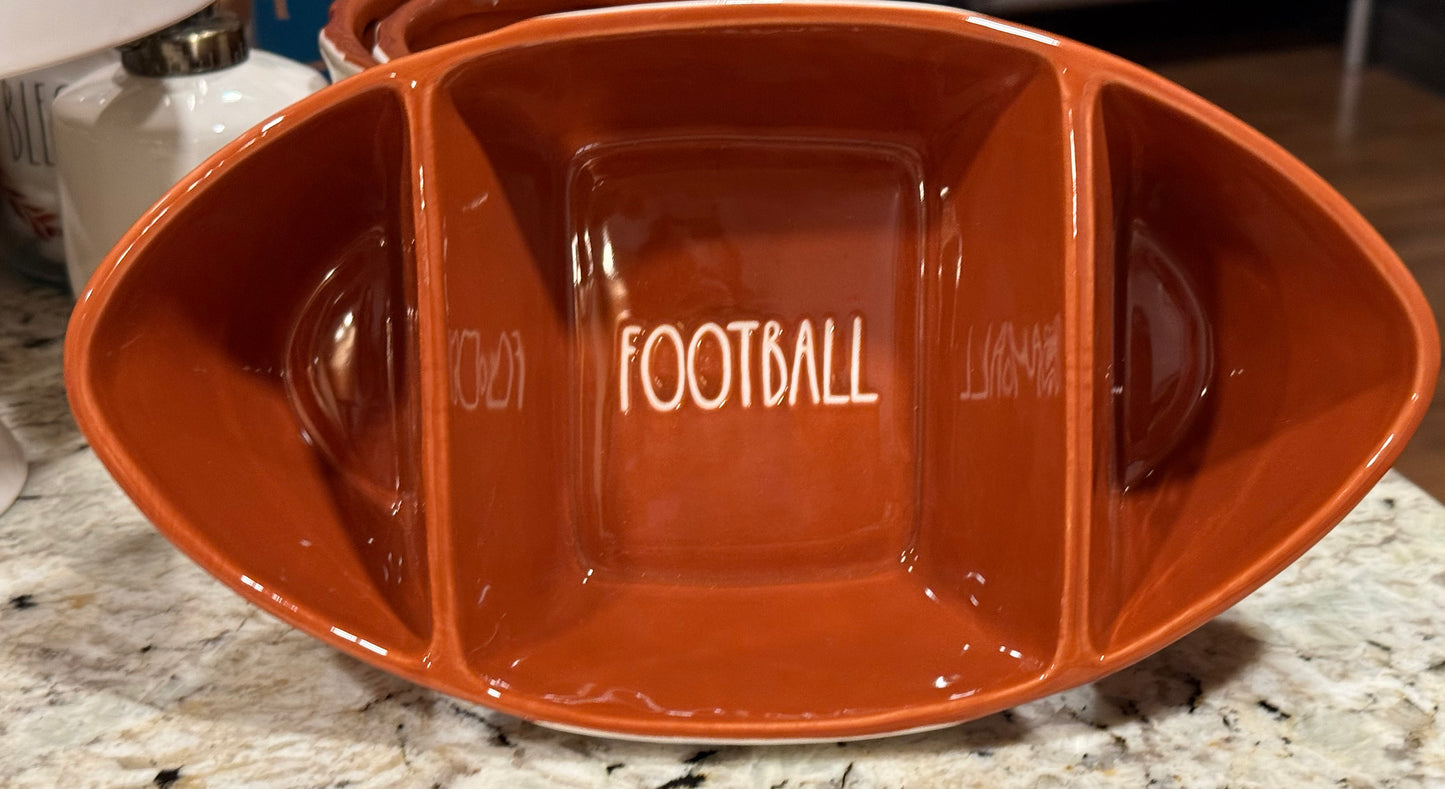 New Rae Dunn ceramic FOOTBALL shaped serving bowl, compartment divided