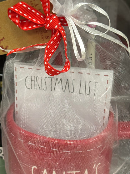 New Rae Dunn red ceramic coffee mug with 3 pencils/notepad SANTAS HELPER