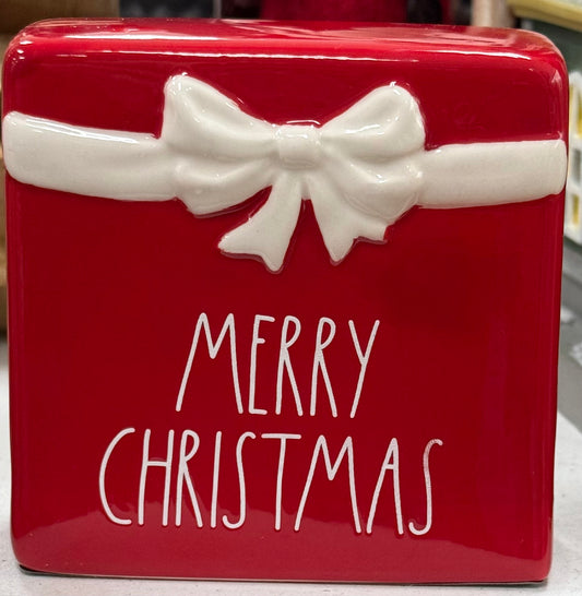 New Rae Dunn red bow MERRY CHRISTMAS ceramic 5x5 decor block
