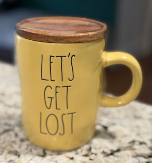 New Rae Dunn yellow ceramic  coffee mug with coaster top LET’S GET LOST