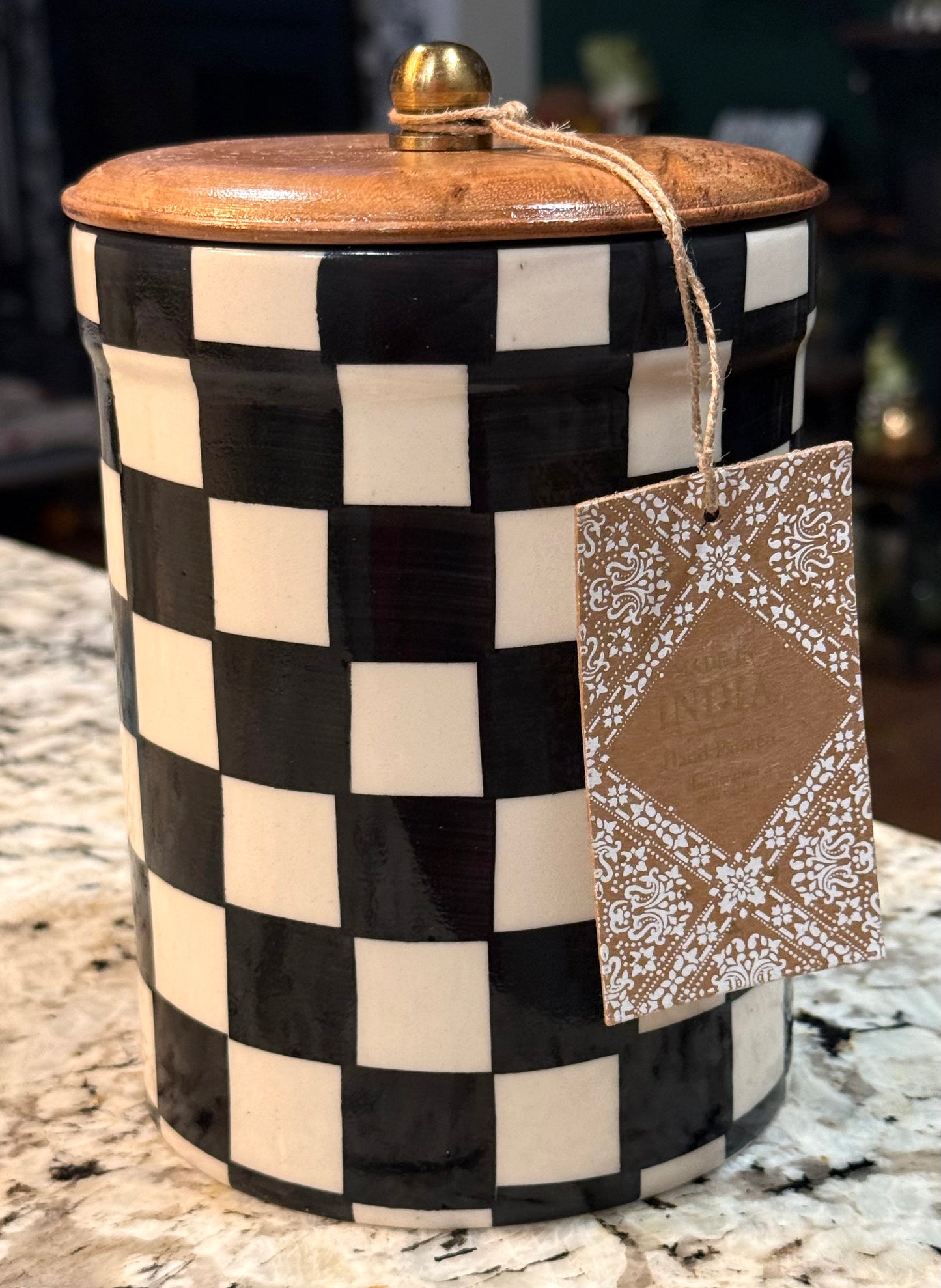 New Made in India ceramic hand painted 7” storage black check checked canister