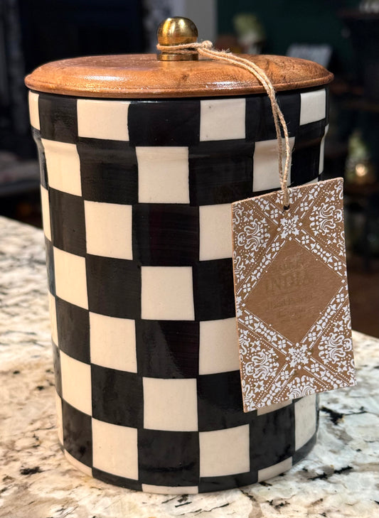 New Made in India ceramic hand painted 7” storage black check checked canister