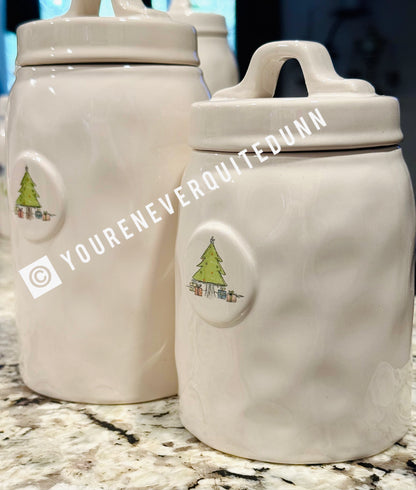 Rae Dunn retired raised Christmas Tree canister set, extra dimples in the ceramic