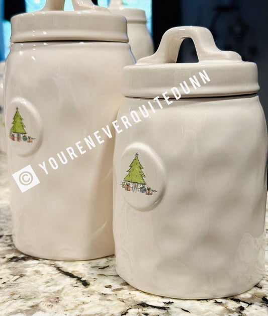 Rae Dunn retired raised Christmas Tree canister set, extra dimples in the ceramic
