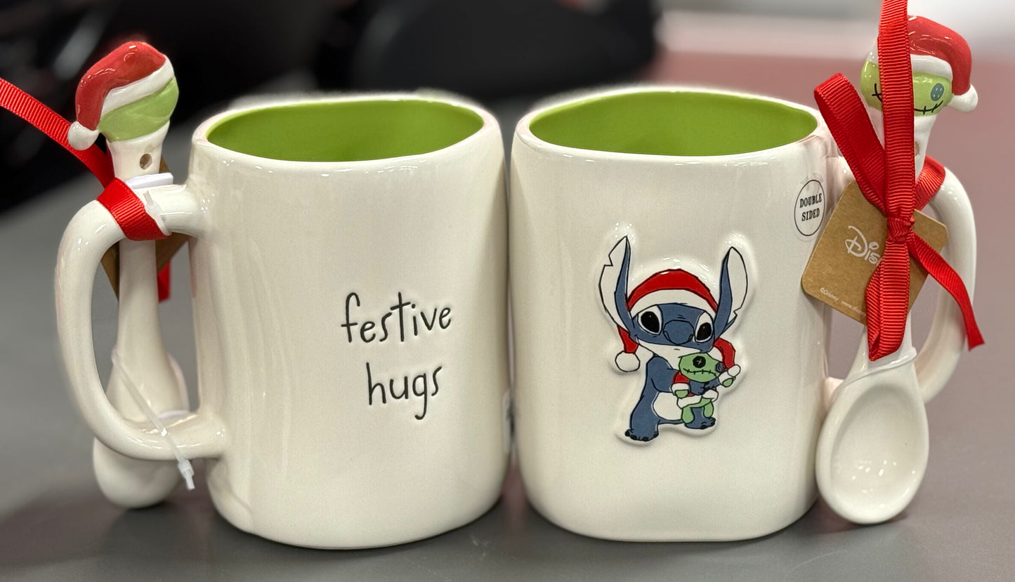 New Rae Dunn white ceramic coffee mug Lilo and Stich FESTIVE JOY green interior