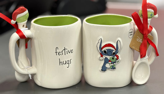 New Rae Dunn white ceramic coffee mug Lilo and Stich FESTIVE JOY green interior