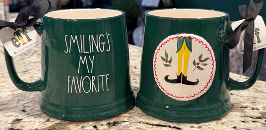 New Rae Dunn green ceramic ELF coffee mug decor SMILINGS MY FAVORITE