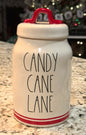 New Rae Dunn white ceramic CANDY CANE LANE Christmas canister 8”