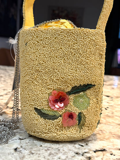 New Made In India yellow beaded Tucan drawstring satin interior tote/purse, crossbody chain strap