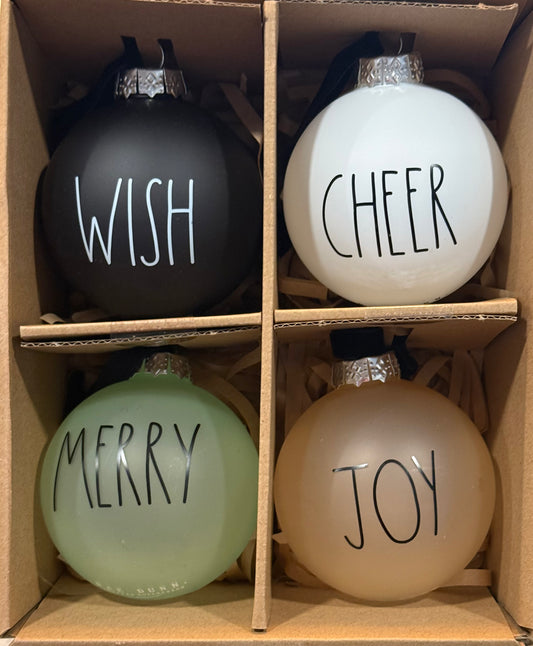 New Rae Dunn 4-piece glass Christmas ornament box set WISH CHEER MERRY JOY black velvet hangers